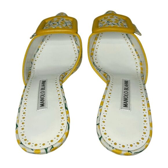 Manolo Blahnik Printed Buckle Mules Maysale EU 38 Floral Cotton Slip On Heels - Picture 8 of 10